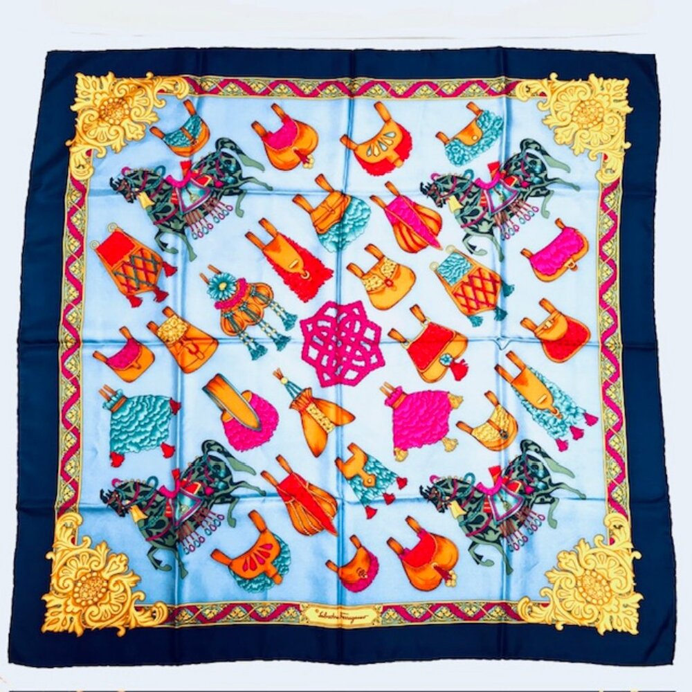 Salvatore Ferragamo Silk Scarf Satin blue gold green pink Carousel hourse (42) - Picture 8 of 9